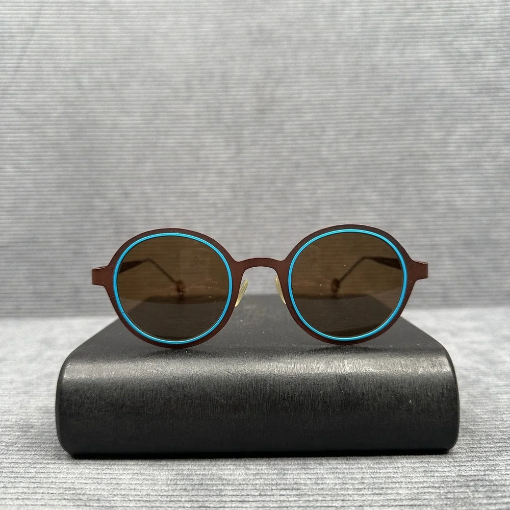 LA Eyeworks Big Time Round Sunglasses Brown Turquoise Blue Metal Made in Japan